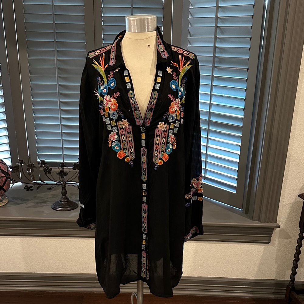 Johnny Was Black Tunic with Colorful Embroidery